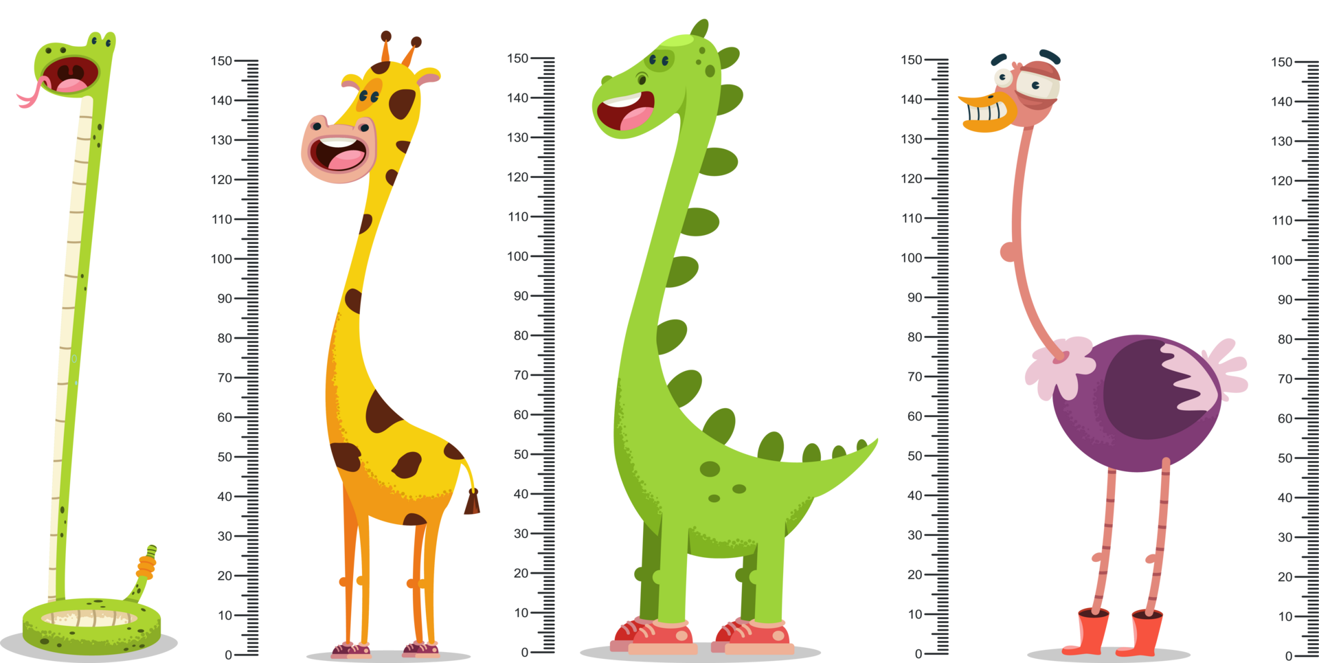 Cartoon einer Schlange, einer Giraffe, eines Dinosauriers und eines Vogel Strauss