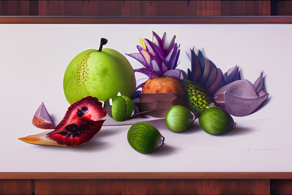 Buntes Früchte-Stillleben im Stil einer Farbstiftzeichnung