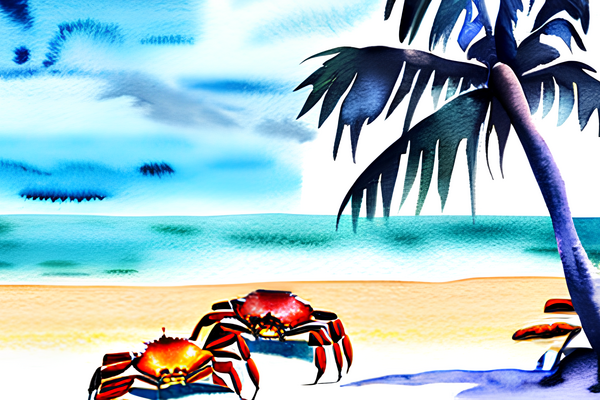 Deux crabes sur une plage avec un palmier, style aquarelle