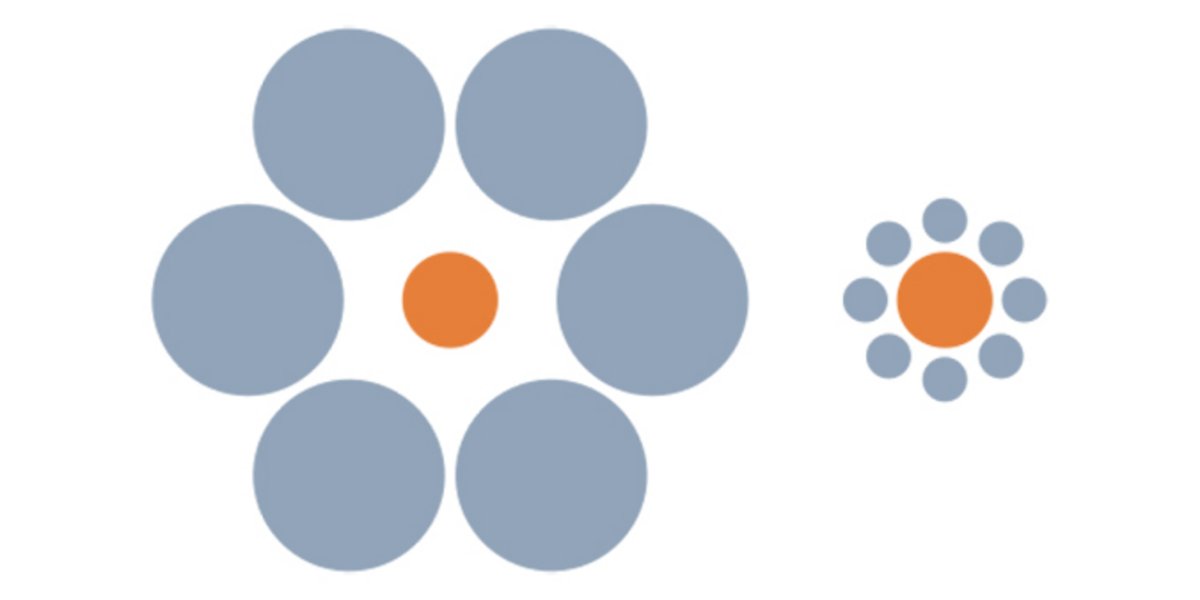 Les deux cercles oranges semblent être de taille différente à cause de la taille des cercles bleus qui les entourent.
