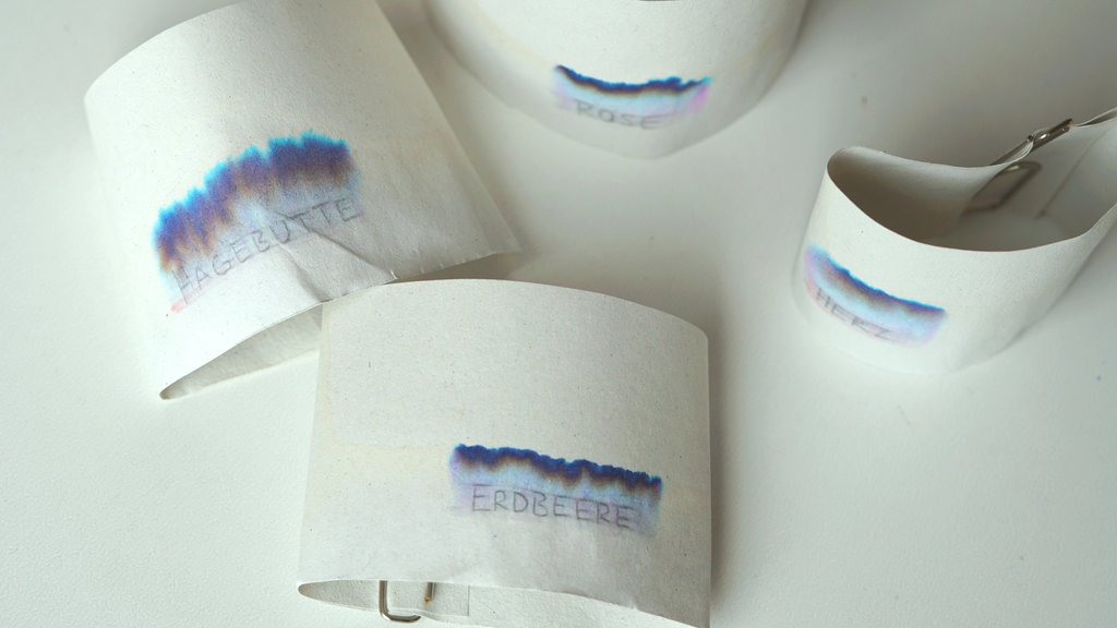Vier Papierstücke mit chromatographierten Filzstiftstreifen