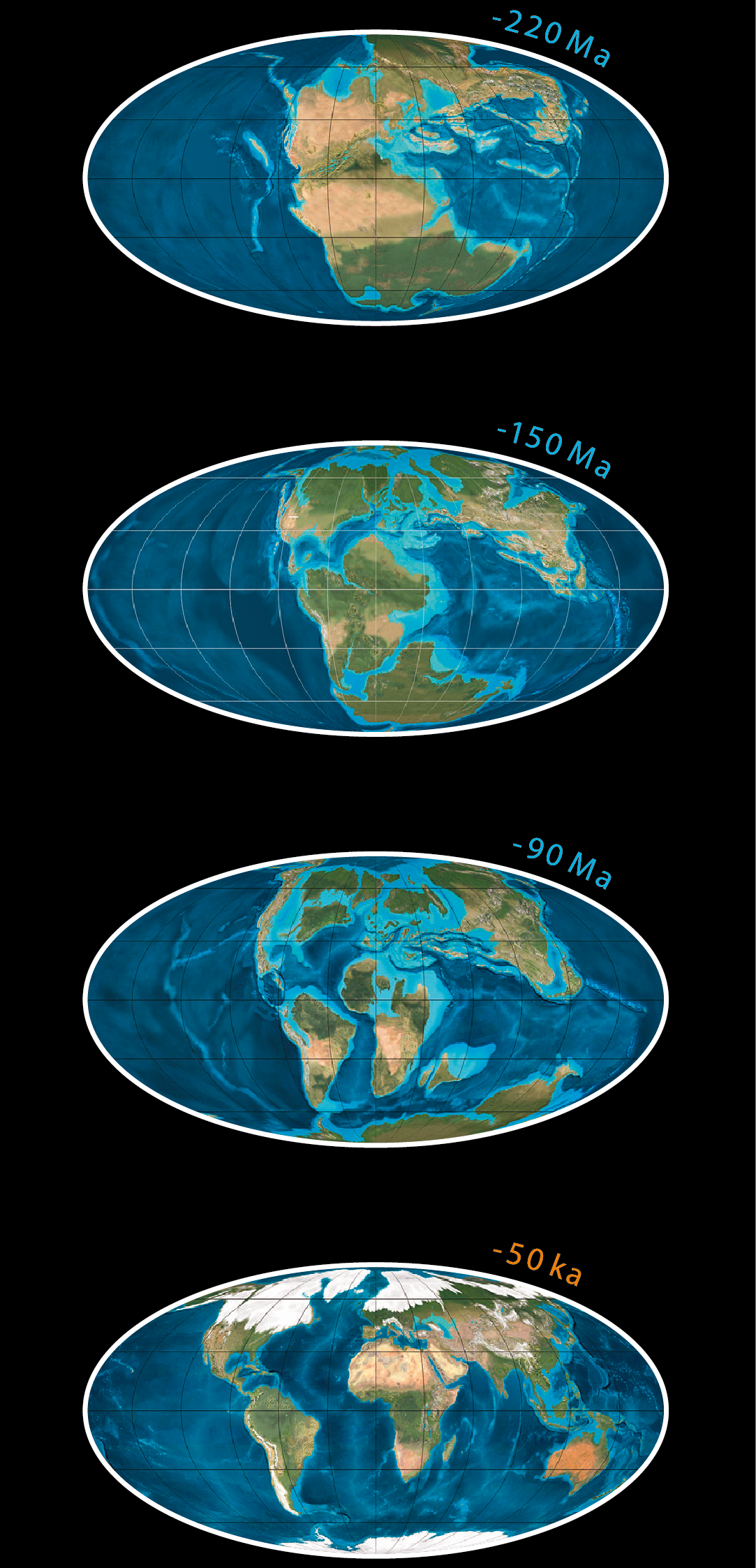 Quattro immagini della Terra che mostrano il movimento dei continenti nel corso di milioni di anni.
