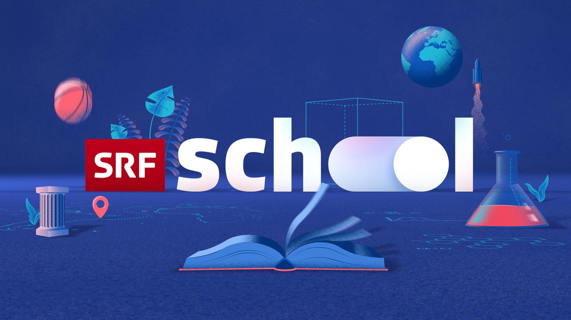 Logo SRF school auf blauem Hintergrund mit Buch, Erlenmeyerkolben, Basketball, Pflanze, Raumfähre