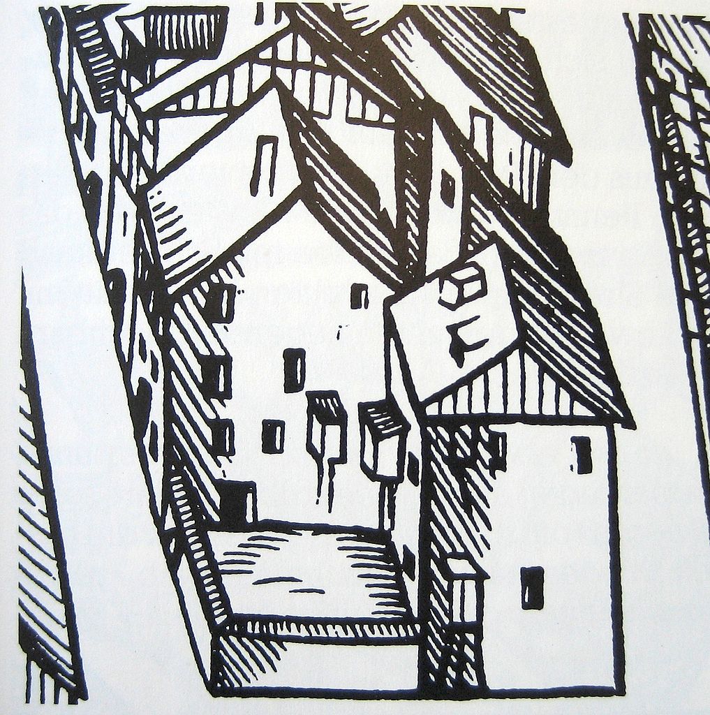 Schwarz-weiss-Zeichnung von Häusern mit Toiletten-Erker