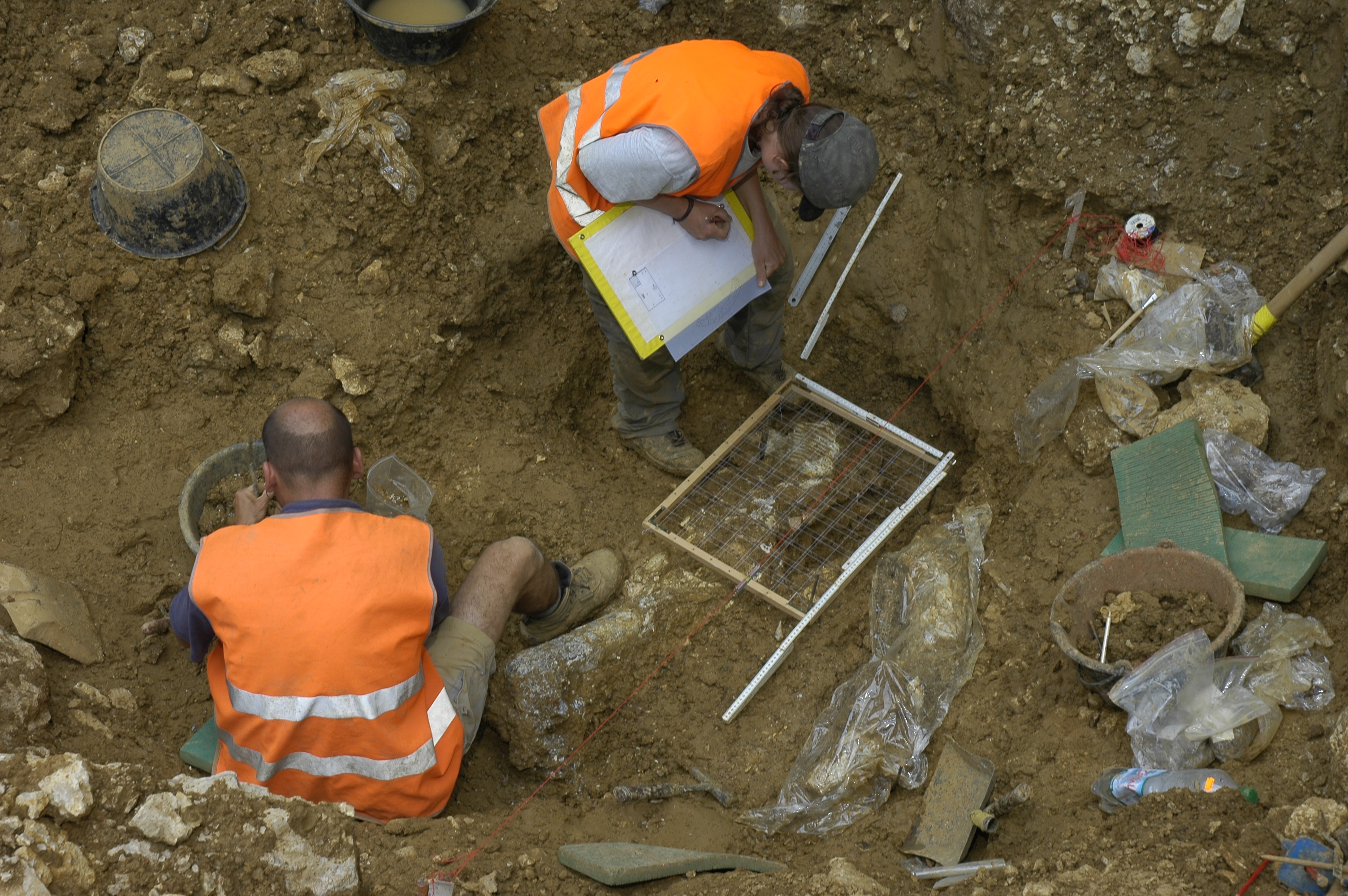 Due persone studiano una zanna di mammut trovata durante gli scavi